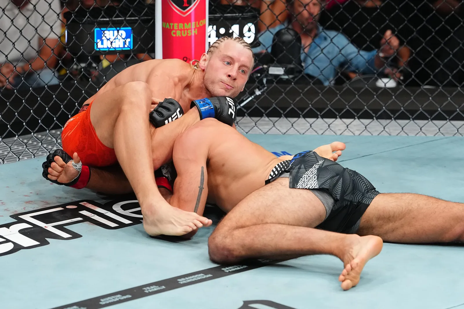 LAS VEGAS, NEVADA - JULY 11: (L-R) Paddy Pimblett of England wrestles Benoit Saint Denis of France in a lightweight fight during the UFC 329 event at T-Mobile Arena on July 11, 2026 in Las Vegas, Nevada. (Photo by Jeff Bottari/Zuffa LLC)