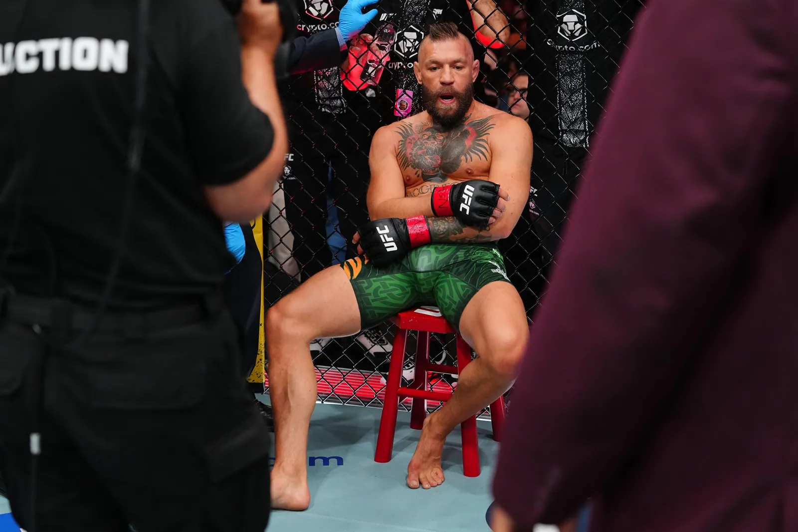 LAS VEGAS, NEVADA - JULY 11: Conor McGregor of Ireland reacts to the injury stoppage in a welterweight fight during the UFC 329 event at T-Mobile Arena on July 11, 2026 in Las Vegas, Nevada. (Photo by Jeff Bottari/Zuffa LLC)