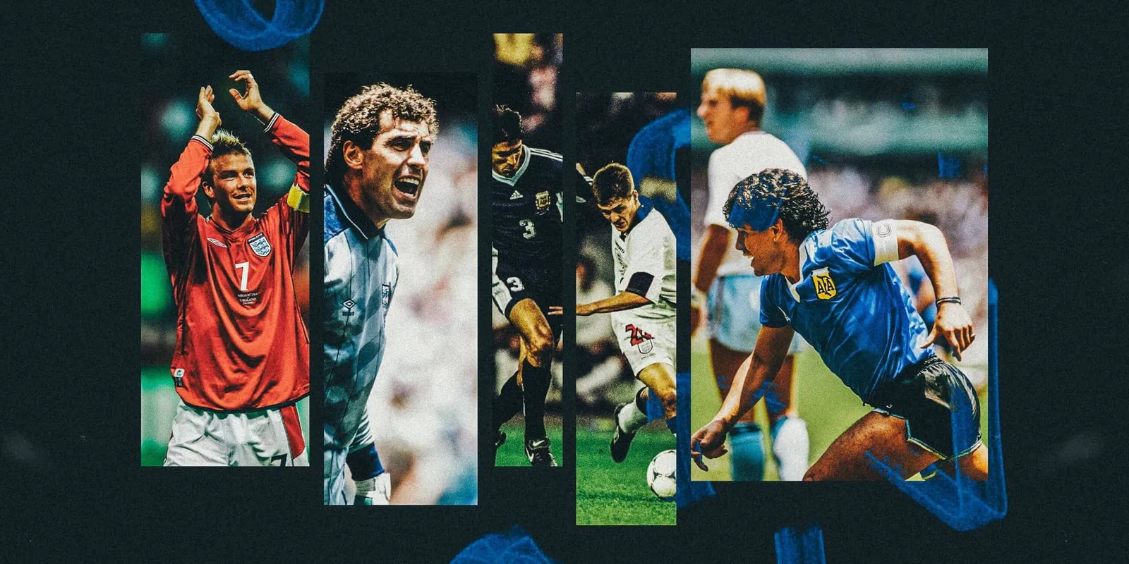 A combined image of David Beckham in 2002, Peter Shilton in 1986, Jose Chamot and Michael Owen from 1998 and Diego Maradona from 1986