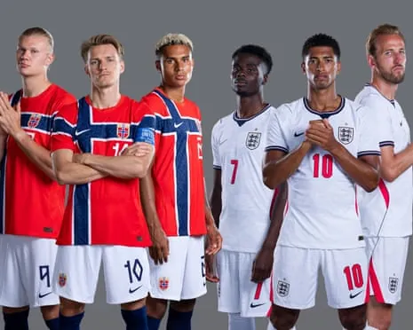 Erling Haaland, Martin Ødegaard and Antonio Nusa of Norway and Bukayo Saka, Jude Bellingham and Harry Kane of England