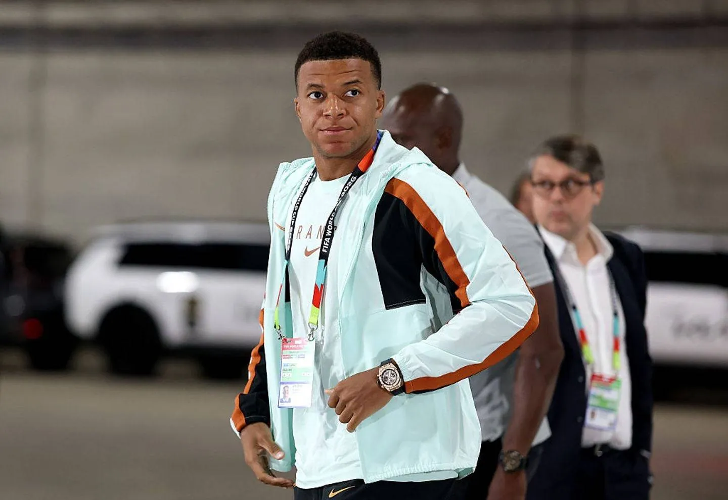 ARLINGTON, TEXAS - JULY 14: Kylian Mbappe #10 of France arrives at the stadium before the FIFA World Cup 2026 Semi Final match between France and Spain at Dallas Stadium on July 14, 2026 in Arlington, Texas. (Photo by Florencia Tan Jun/Getty Images)