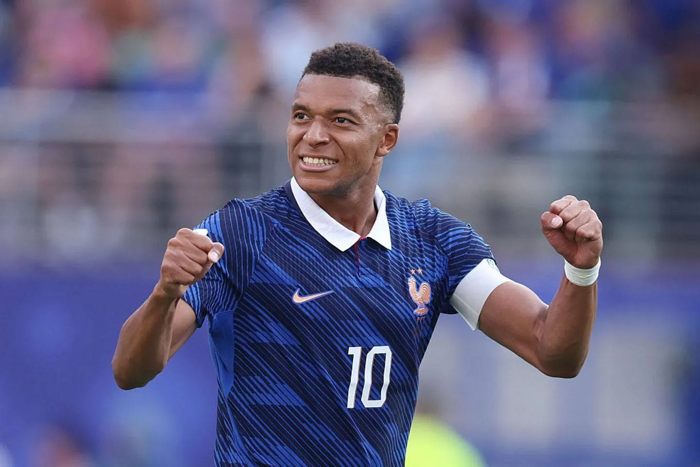 EAST RUTHERFORD, NEW JERSEY - JUNE 30: Kylian Mbappe of France celebrates after scoring a goal to make it 3-0 during the FIFA World Cup 2026 Round Of 32 match between France and Sweden at New York New Jersey Stadium on June 30, 2026 in East Rutherford, New Jersey. (Photo by Catherine Ivill - AMA/Getty Images)