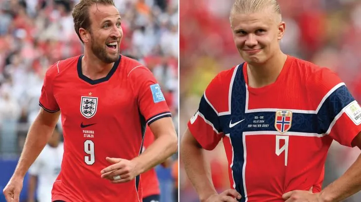 Combination of pictures shows England's forward #09 Harry Kane and Norway's forward #09 Erling Braut Haaland.