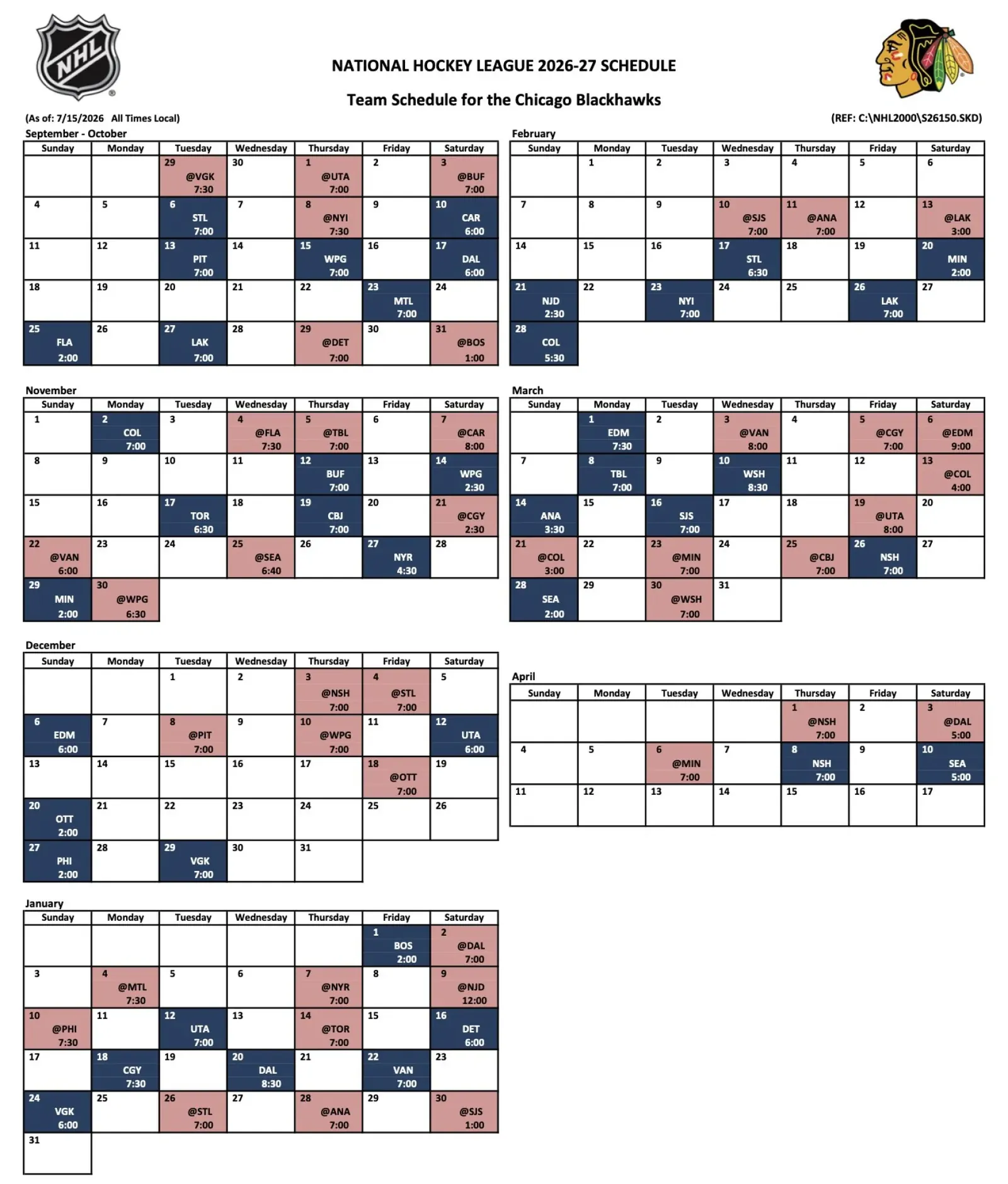 Blackhawks schedule