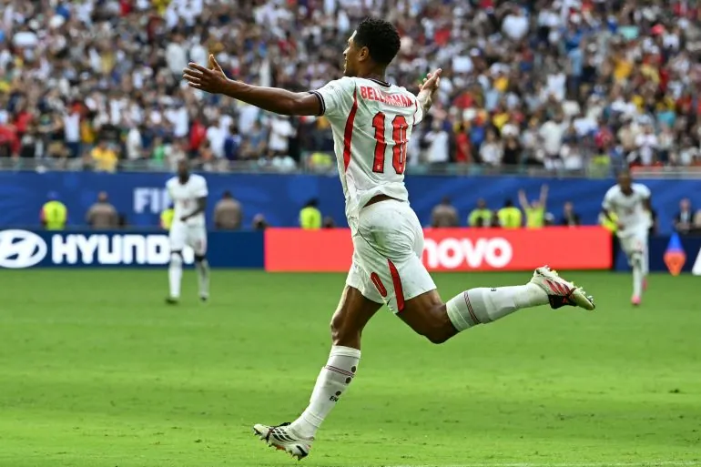 England's midfielder #10 Jude Bellingham celebrates scoring his team's sixth goal during the 2026 World Cup football tournament third-place match between France and England at the Miami Stadium in Miami on July 18, 2026.